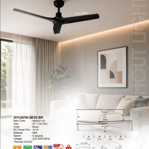 Kipas Plafon Magnum Fan DY1247N-3B/52 BK – 52 Inch